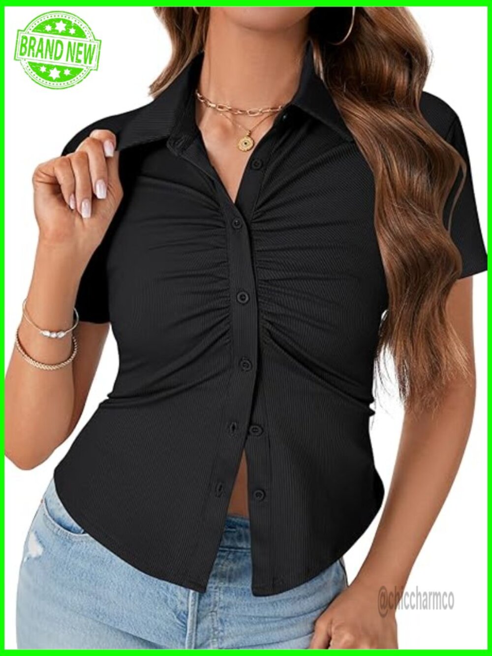 Women's Collar V-Neck Button Front Slim Fitted Ribbed Knit Short Sleeve Blouse - Picture 1 of 7